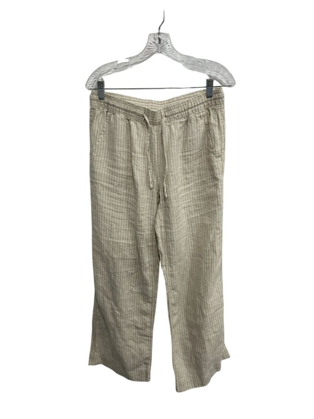 L.L. Bean 10 Beige Striped Linen Pants Elastic Drawstring Cottagecore Minimalist